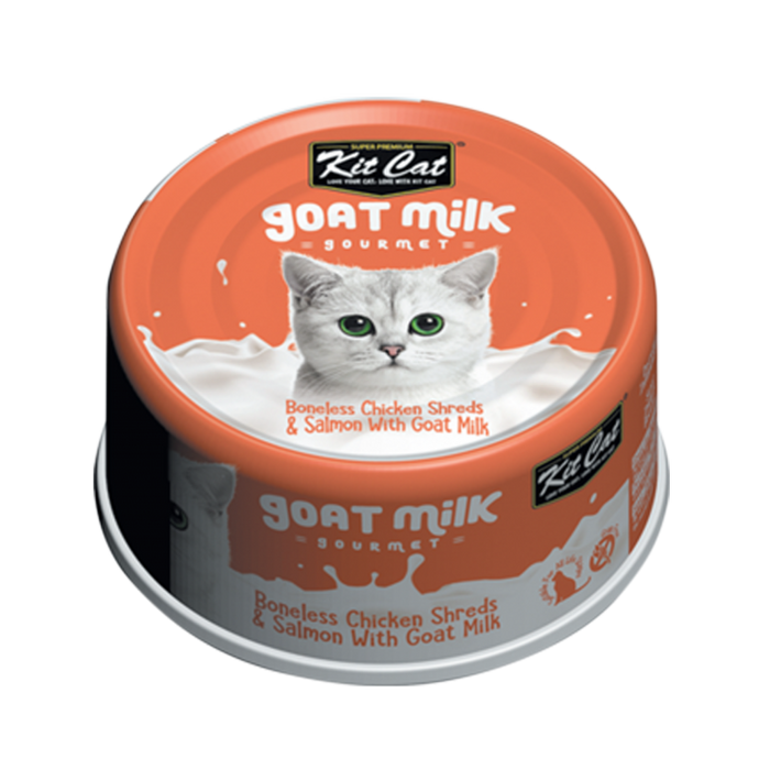 Kit Cat Goat Milk Gourmet Boneless Chicken Shreds & Salmon Wet Cat Food