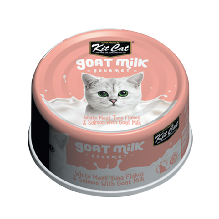 Kit Cat Goat Milk Gourmet White Meat Tuna Flakes & Salmon Wet Cat Food